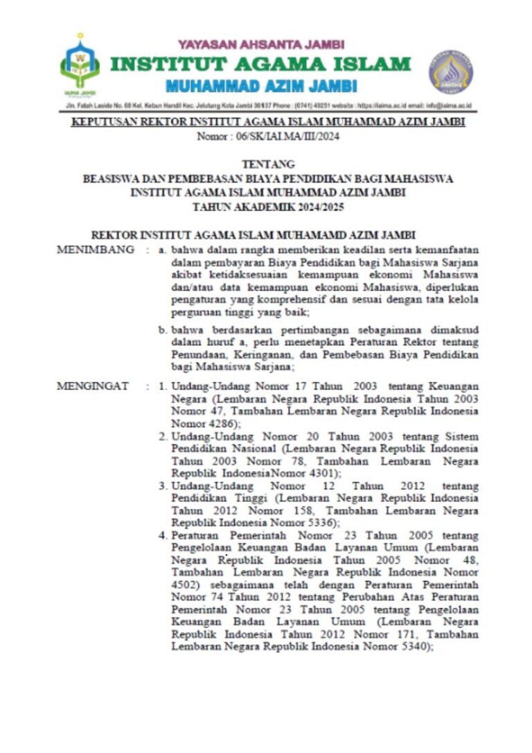 Informasi Keringanan SPP & Beasiswa IAI Muhammad Azim Jambi